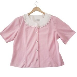 Vintage Pablo Collection Pink Lace Collar Button Up Blouse Top USA Coquette